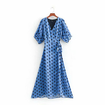 Rochie de damă cu decolteu în V în talie și mâneci 3/4 cu puncte albastre