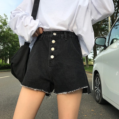 Ежедневни къси дънкови панталони с копчета в черен цвят