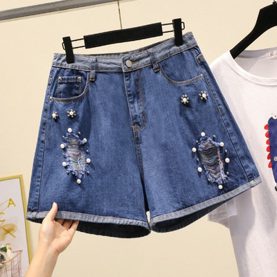 Blugi scurti casual de dama cu talie inalta si motive rupte