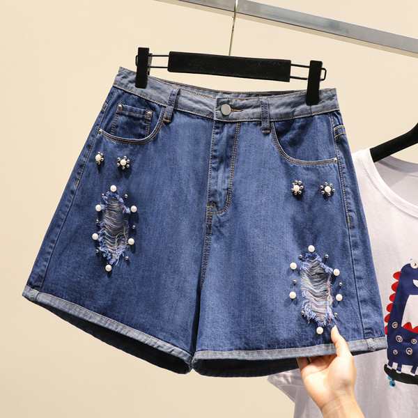 Blugi scurti casual de dama cu talie inalta si motive rupte