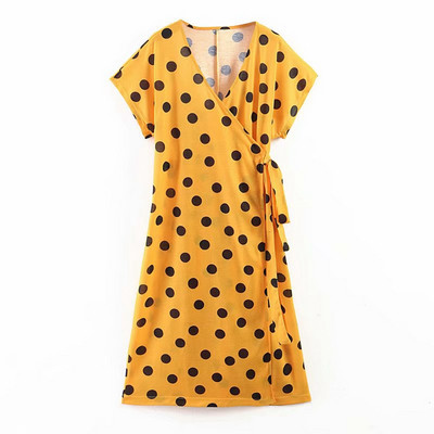 Дамска рокля с V - образно деколте, връзки на талията и къс ръкав в жълт цвят на точки