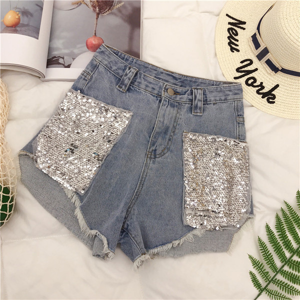 Blugi scurti moderni de dama cu paiete si marimi pana la 5XL