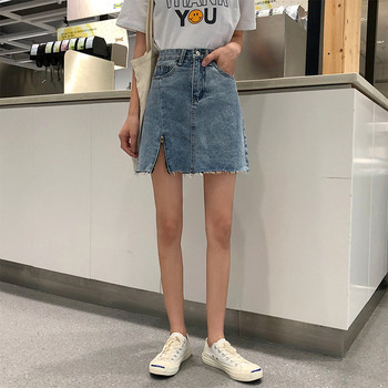 Fusta de dama din denim cu talie inalta si element cu fermoar