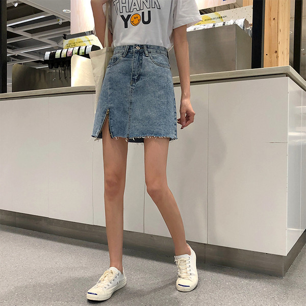 Fusta de dama din denim cu talie inalta si element cu fermoar