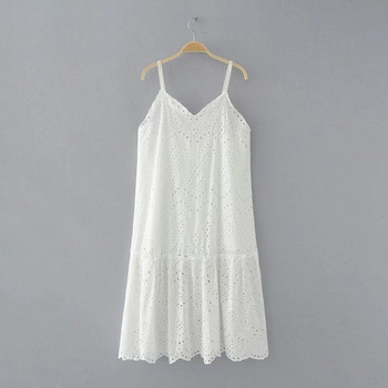 Rochie de dama alb cu bretele subtiri si broderie