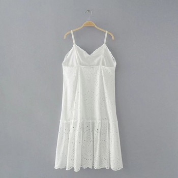 Rochie de dama alb cu bretele subtiri si broderie