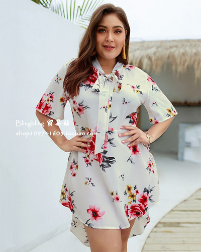 Rochie de dama asimetrica cu model floral in trei culori