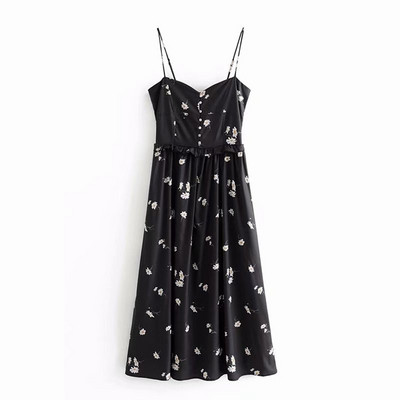 Rochie de dama cu bretele subtiri in negru si model floral