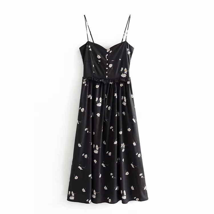 Rochie de dama cu bretele subtiri in negru si model floral