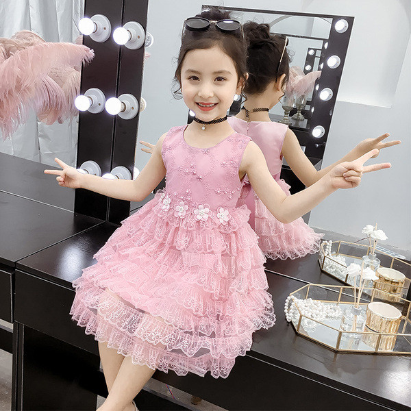 Rochie moderna pentru copii in alb si roz cu perle