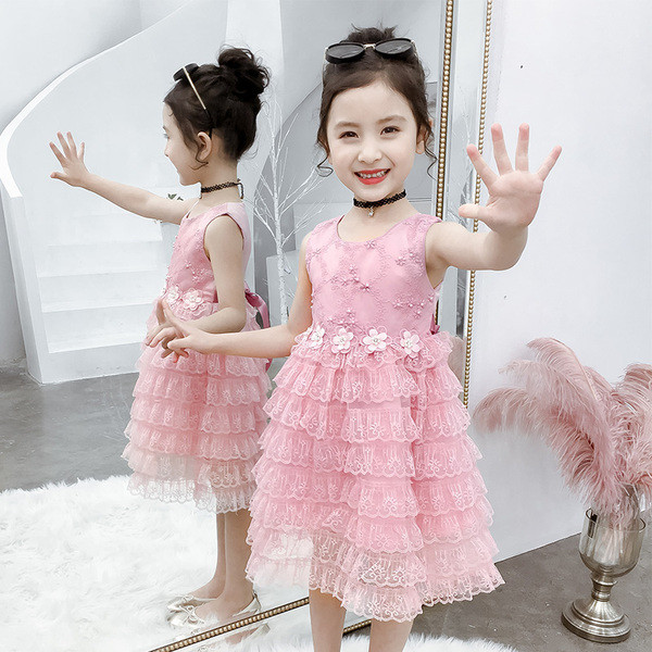 Rochie moderna pentru copii in alb si roz cu perle