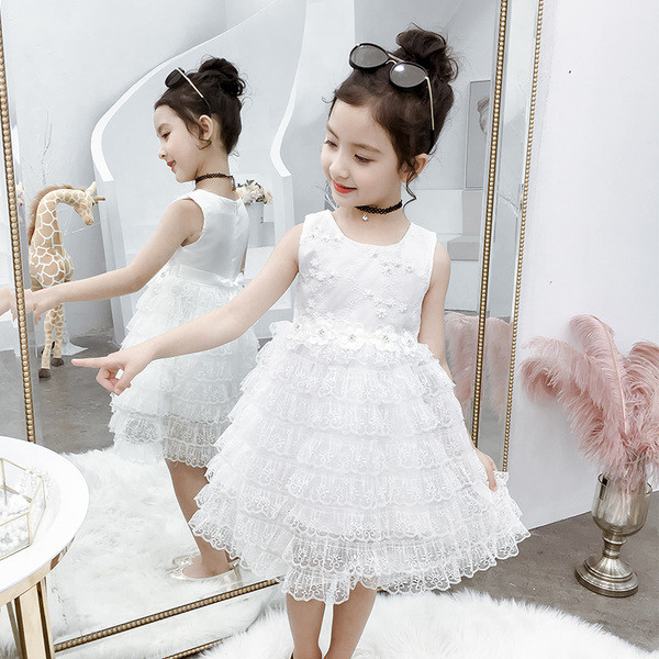 Rochie moderna pentru copii in alb si roz cu perle