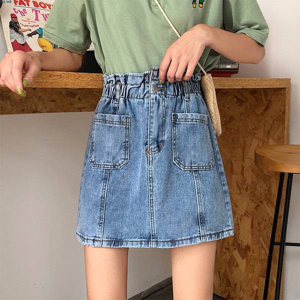 Fusta de dama din denim cu talie elastica si buzunare