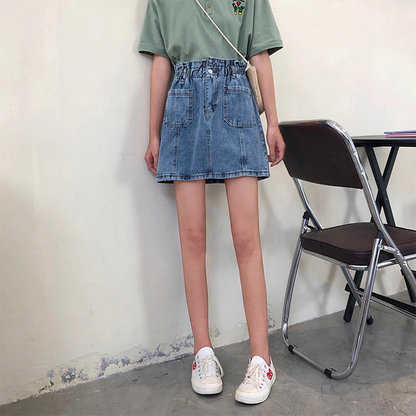 Fusta de dama din denim cu talie elastica si buzunare