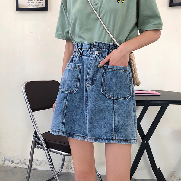 Fusta de dama din denim cu talie elastica si buzunare