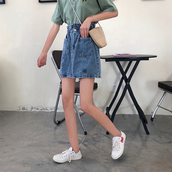 Fusta de dama din denim cu talie elastica si buzunare