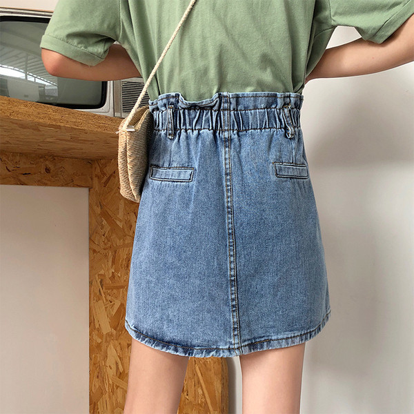 Fusta de dama din denim cu talie elastica si buzunare