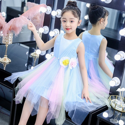 Детска стилна рокля в розов и син цвят с 3D елемент
