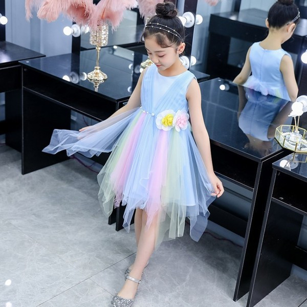 Rochie eleganta pentru copii in roz si albastru cu element 3D