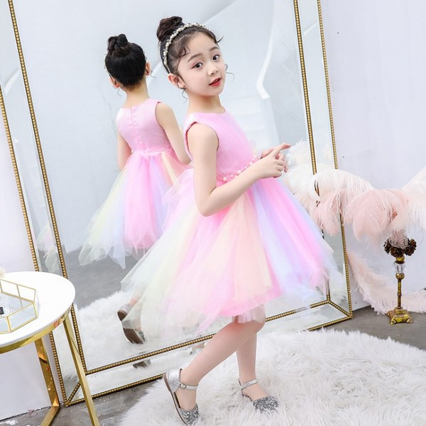 Rochie eleganta pentru copii in roz si albastru cu element 3D