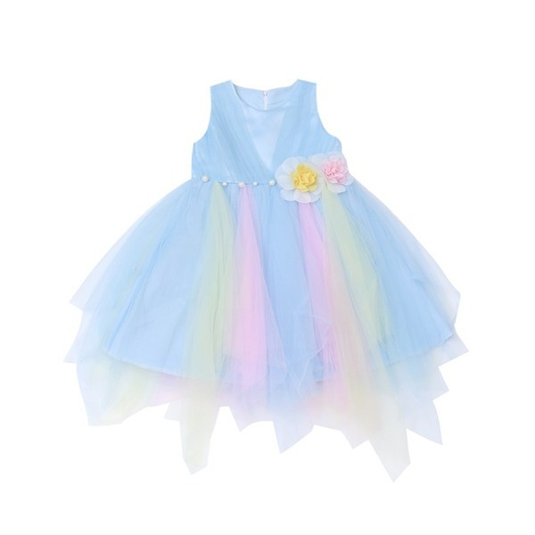 Rochie eleganta pentru copii in roz si albastru cu element 3D