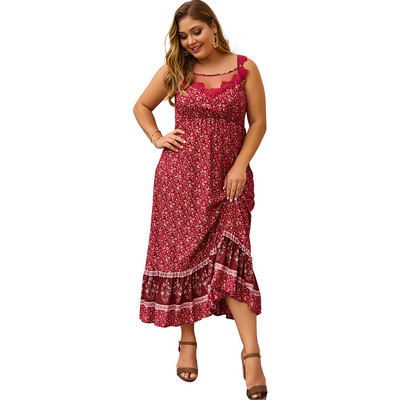 Rochie lungă casual de damă în roșu și albastru