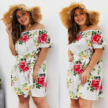 Модерна дамска рокля с паднали ръкави и флорални мотиви в бял цвят