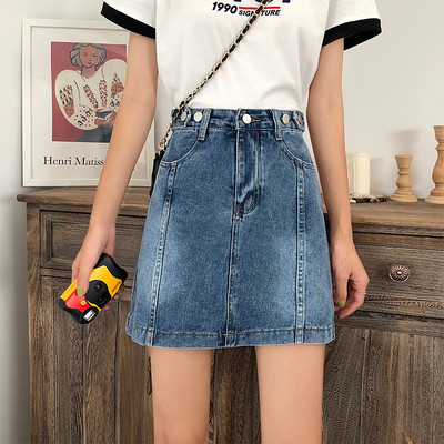 Дамска дънкова пола с висока талия  в син  и бял цвят 