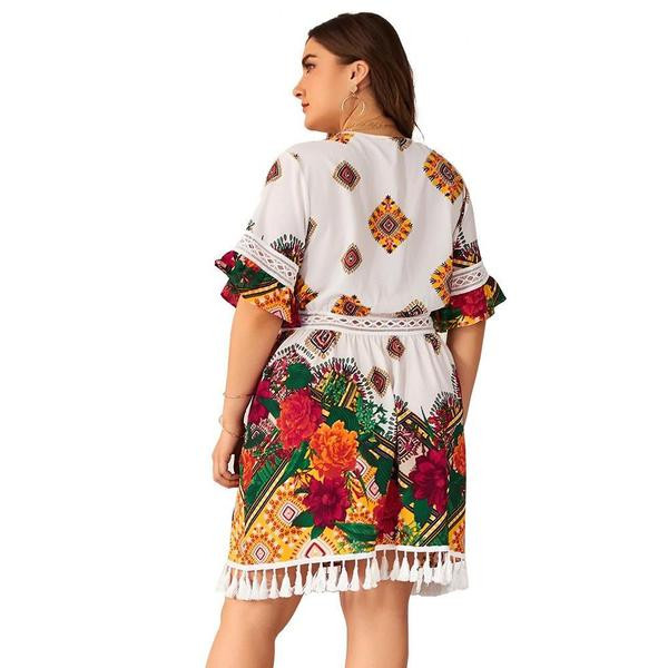 Rochie elegantă de damă cu mâneci scurte în alb și verde