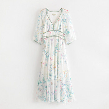 Rochie de dama din tul cu maneci lungi si decolteu in V si model floral