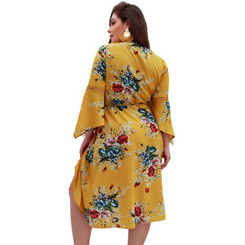 Rochie de dama cu model floral si maneci lotus in trei culori