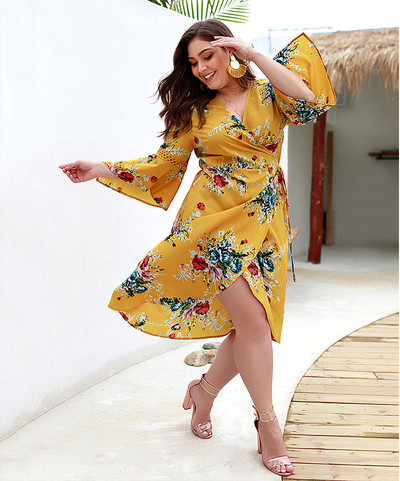 Rochie de dama cu model floral si maneci lotus in trei culori