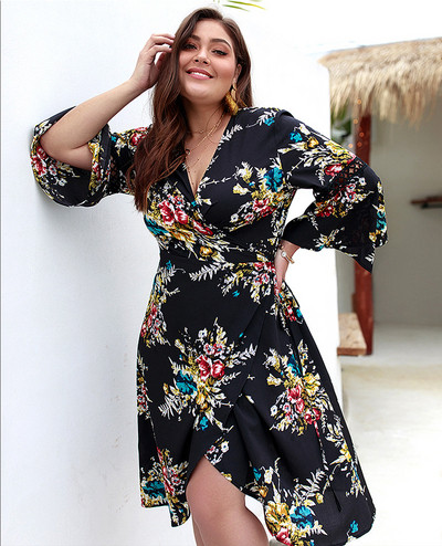 Rochie de dama cu model floral si maneci lotus in trei culori