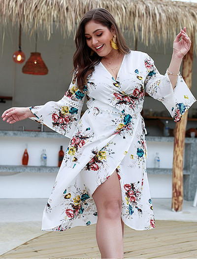 Rochie de dama cu model floral si maneci lotus in trei culori