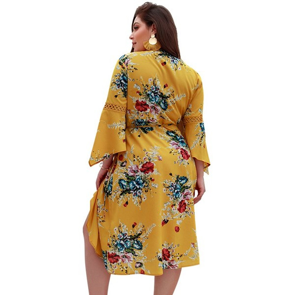 Rochie de dama cu model floral si maneci lotus in trei culori