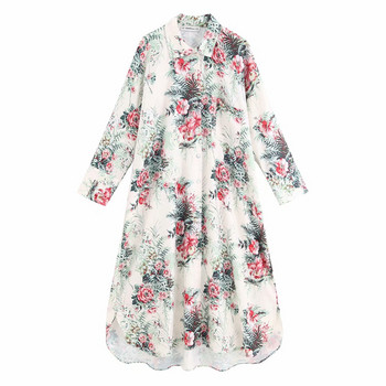 Rochie larga de dama cu guler clasic si maneci 7/8 cu model floral