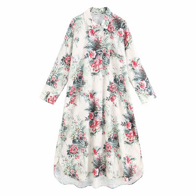 Rochie larga de dama cu guler clasic si maneci 7/8 cu model floral