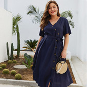 Rochie de dama cu decolteu in V si nasturi in albastru