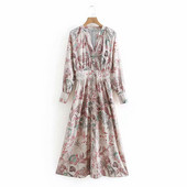 Дамска рокля с V - образно деколте и дълъг ръкав с флорален десен