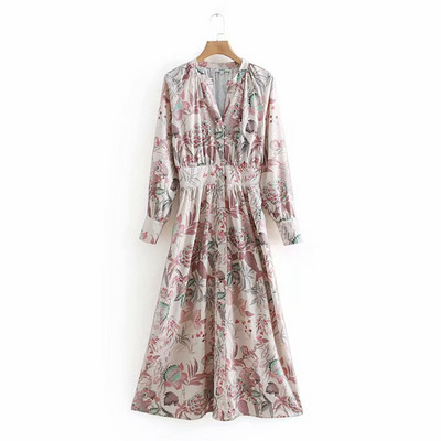 Дамска рокля с V - образно деколте и дълъг ръкав с флорален десен