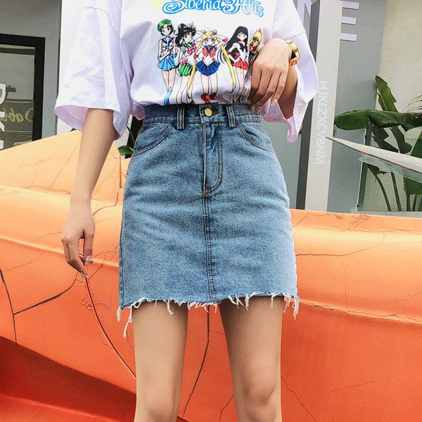 Női farmerszoknya magas derékkal, kék színben