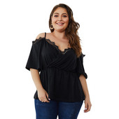 Bluză de damă cu mâneci scurte și dantelă de culoare neagră