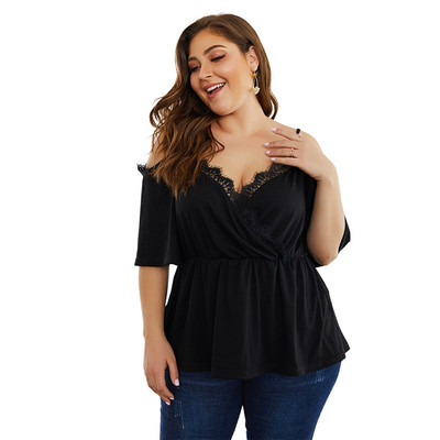 Bluză de damă cu mâneci scurte și dantelă de culoare neagră