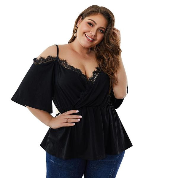 Bluză de damă cu mâneci scurte și dantelă de culoare neagră