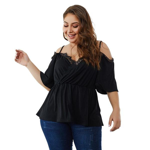 Bluză de damă cu mâneci scurte și dantelă de culoare neagră