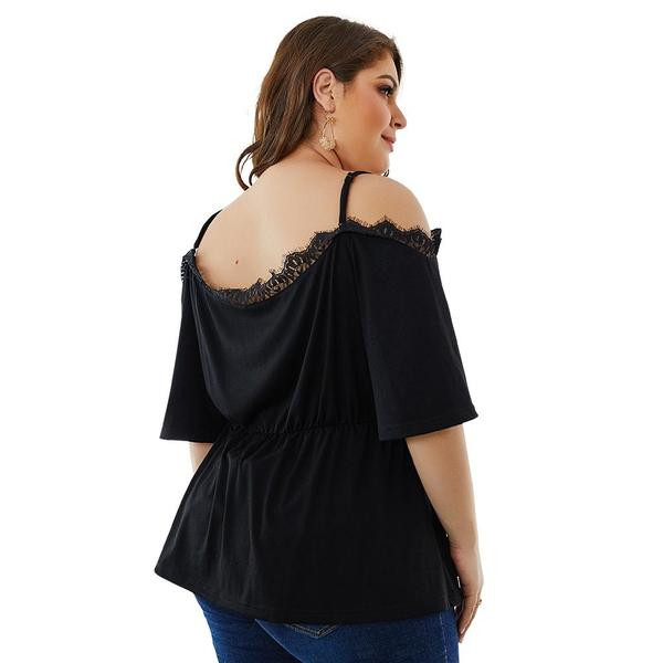 Bluză de damă cu mâneci scurte și dantelă de culoare neagră