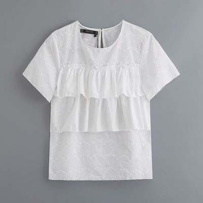 Bluză de damă cu mâneci scurte și dantelă în alb