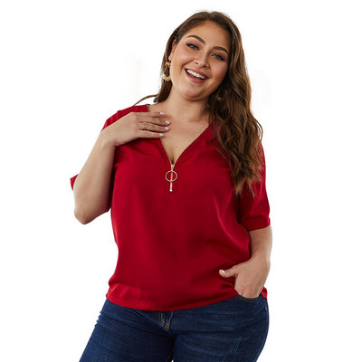 Дамска ежедневна блуза с цип и 3/4 ръкав в червен цвят