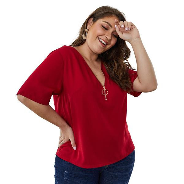 Bluză casual de damă cu fermoar și mâneci 3/4 de culoare roșie