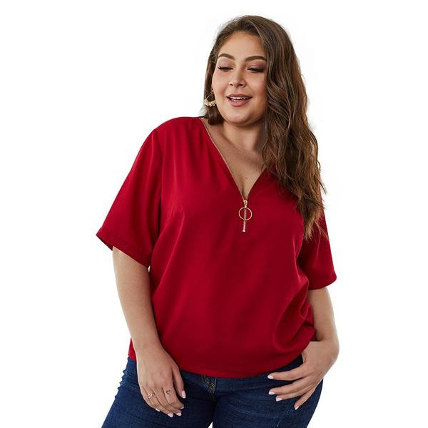 Bluză casual de damă cu fermoar și mâneci 3/4 de culoare roșie